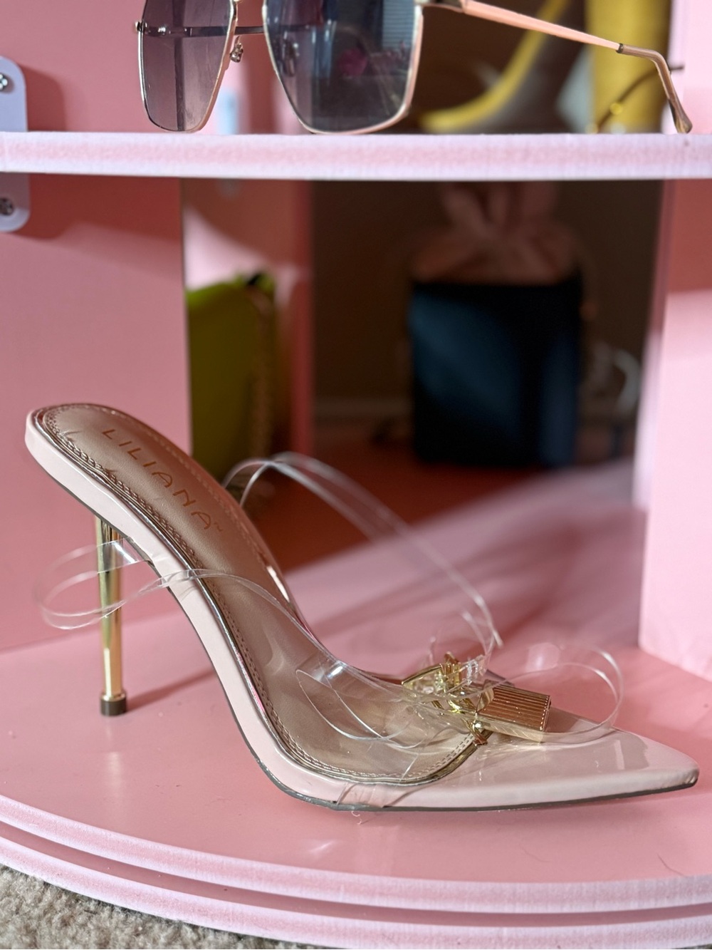Liluana Clear Strap Nude Stiletto Sandals with Gold Accent